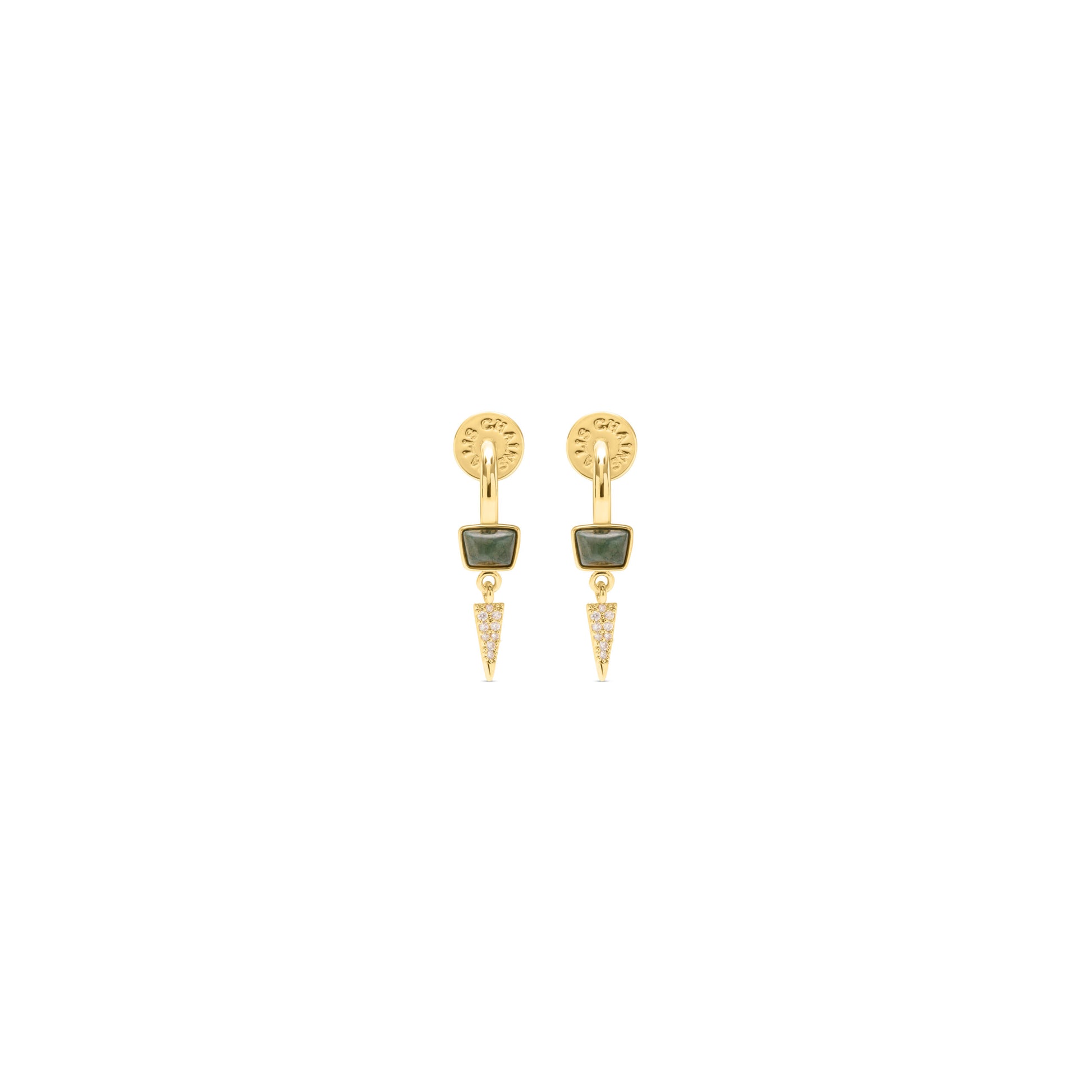 A pair of gold drop earrings featuring a square green stone, a small gold bead, and a dangling pointed gold section set with tiny clear stones, shown on a plain white background.