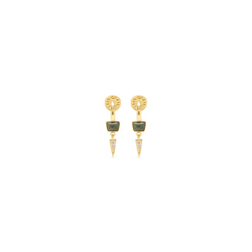 A pair of gold drop earrings featuring a square green stone, a small gold bead, and a dangling pointed gold section set with tiny clear stones, shown on a plain white background.