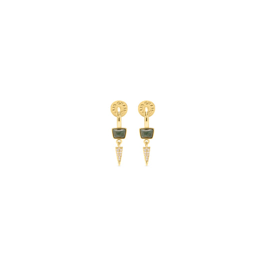 A pair of gold drop earrings featuring a square green stone, a small gold bead, and a dangling pointed gold section set with tiny clear stones, shown on a plain white background.