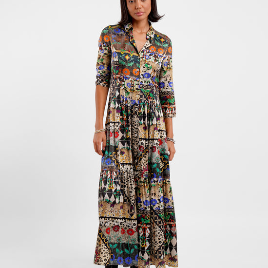 maxi shirt silk dress with v neck and colourful animal inspired print model shot