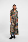 maxi shirt silk dress with v neck and colourful animal inspired print model shot