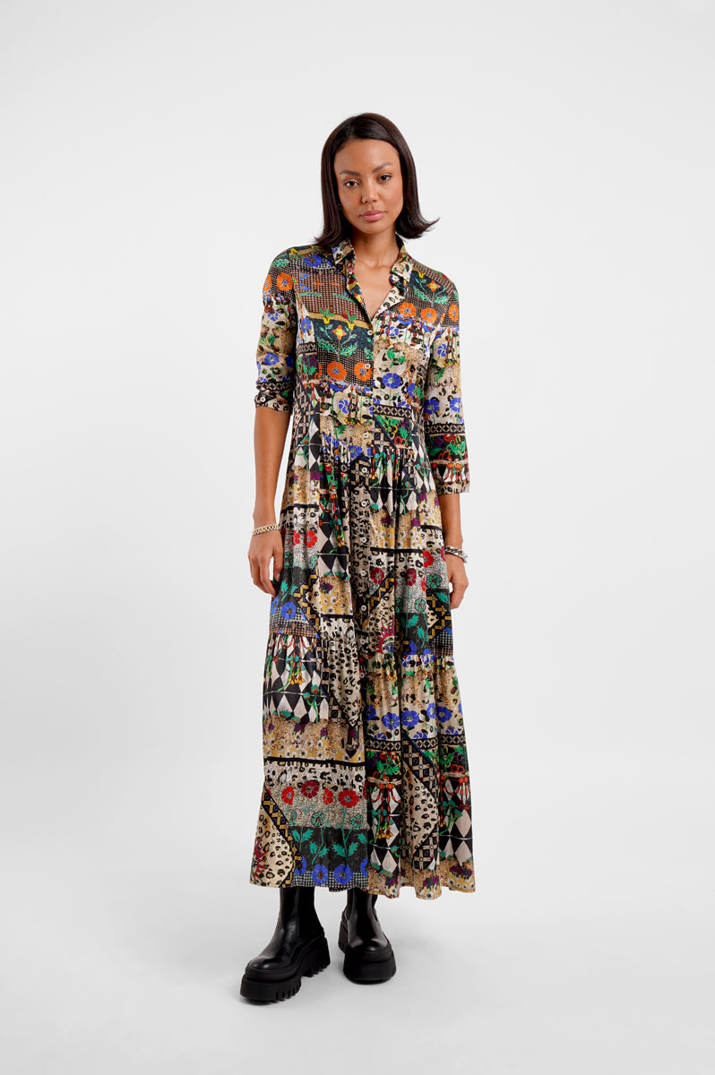 maxi shirt silk dress with v neck and colourful animal inspired print model shot
