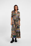 maxi shirt silk dress with v neck and colourful animal inspired print