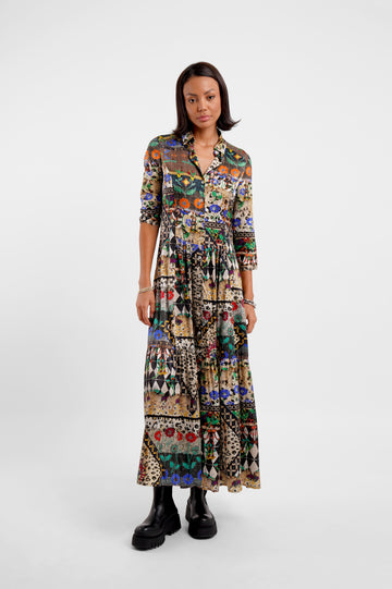 maxi shirt silk dress with v neck and colourful animal inspired print