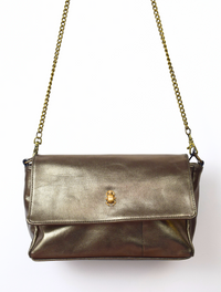 Metallic handbag with removable chain strap and small brass stomp