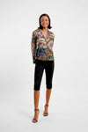 blazer style silk shirt with v neck and colourful print
