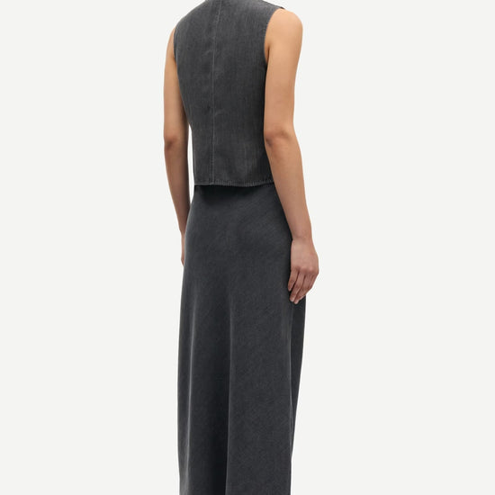 mid length grey skirt with elasticated waist and tie from samsoe samsoe rear view