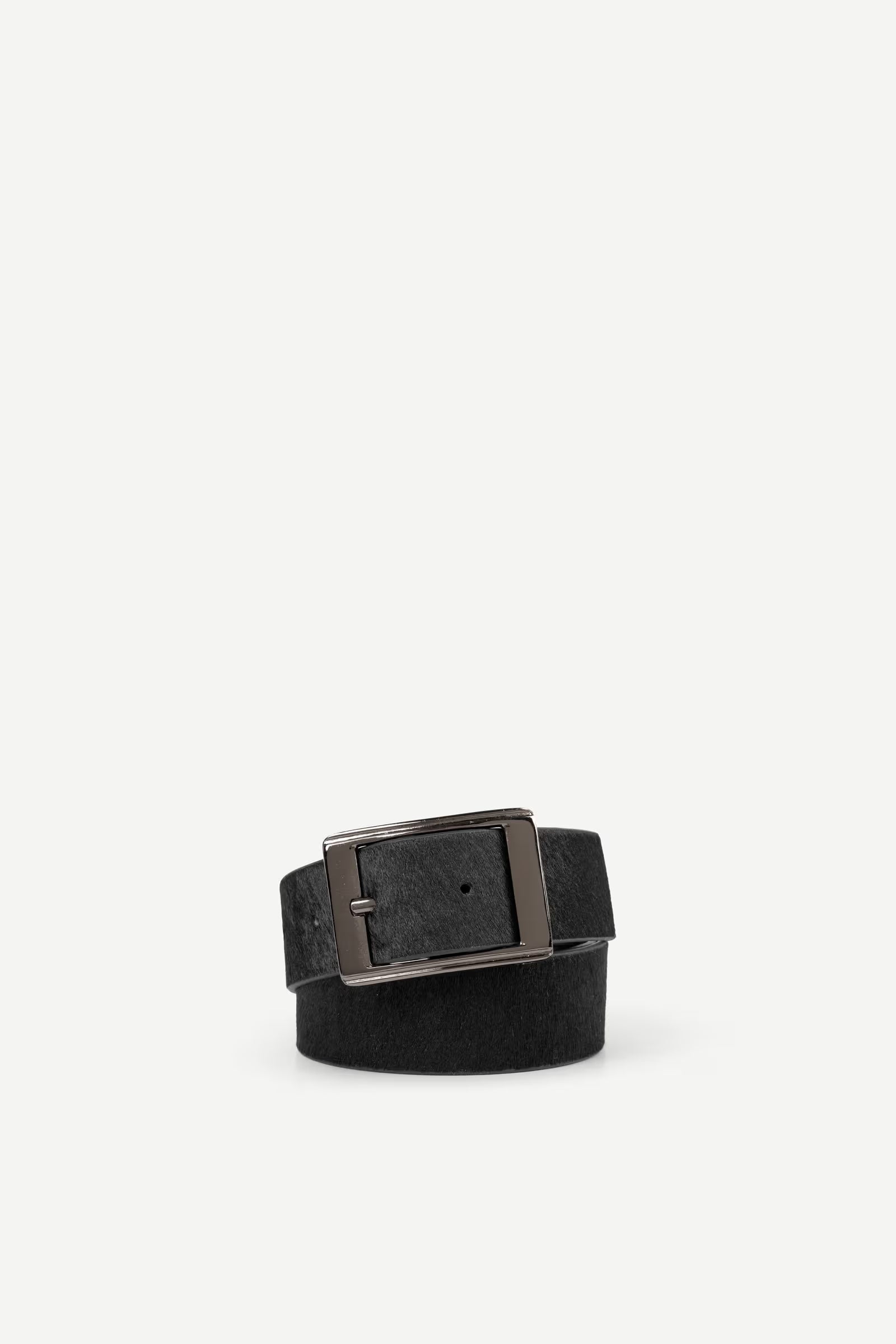 Blackhair on hide belt with a nickle buckle on a white background