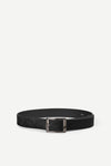 Black hair on hide belt with a nickle buckle on a white background