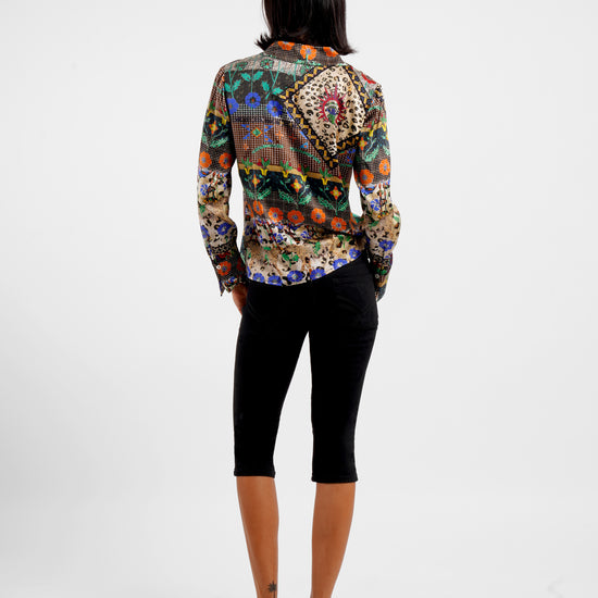 blazer style silk shirt with v neck and colourful print rear view