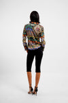 blazer style silk shirt with v neck and colourful print rear view