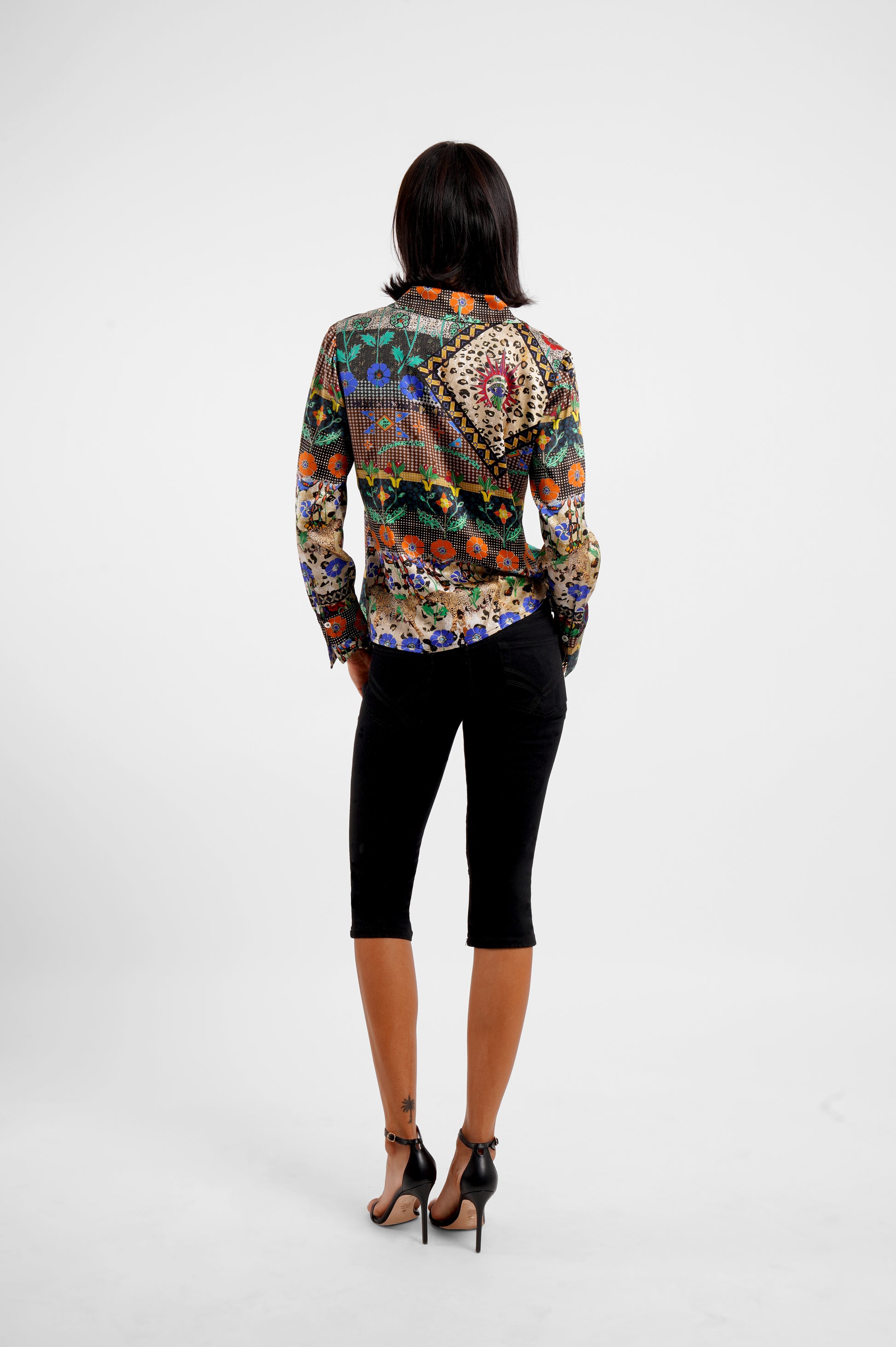 blazer style silk shirt with v neck and colourful print rear view