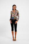 blazer style silk shirt with v neck and colourful print model shot