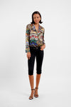 blazer style silk shirt with v neck and colourful print model shot