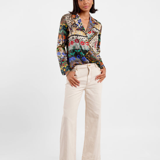 blazer style silk shirt with v neck and colourful print model shot
