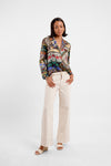 blazer style silk shirt with v neck and colourful print model shot