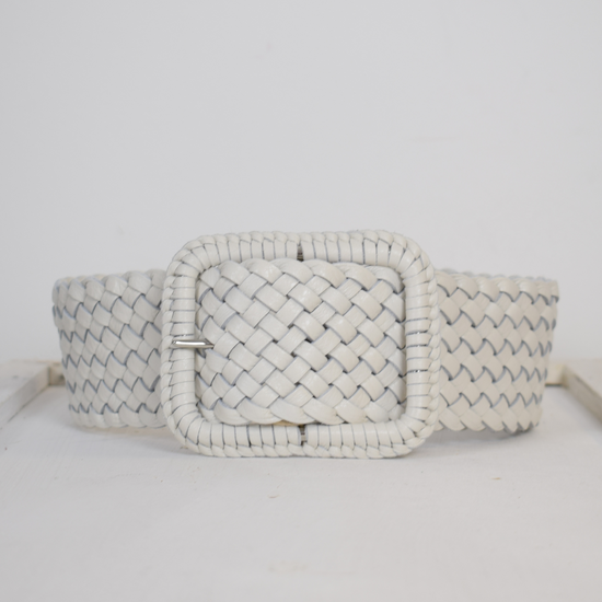 Wide plaited ivory leather belt with oblong leather bound buckle