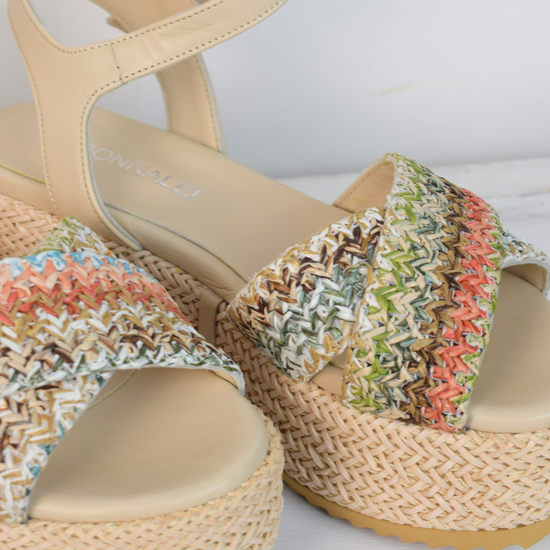 Blush raffia platform sandal with cross foot strap from pastel coloured raffia