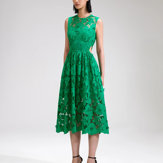 Floral lace green sleeveless midi dress