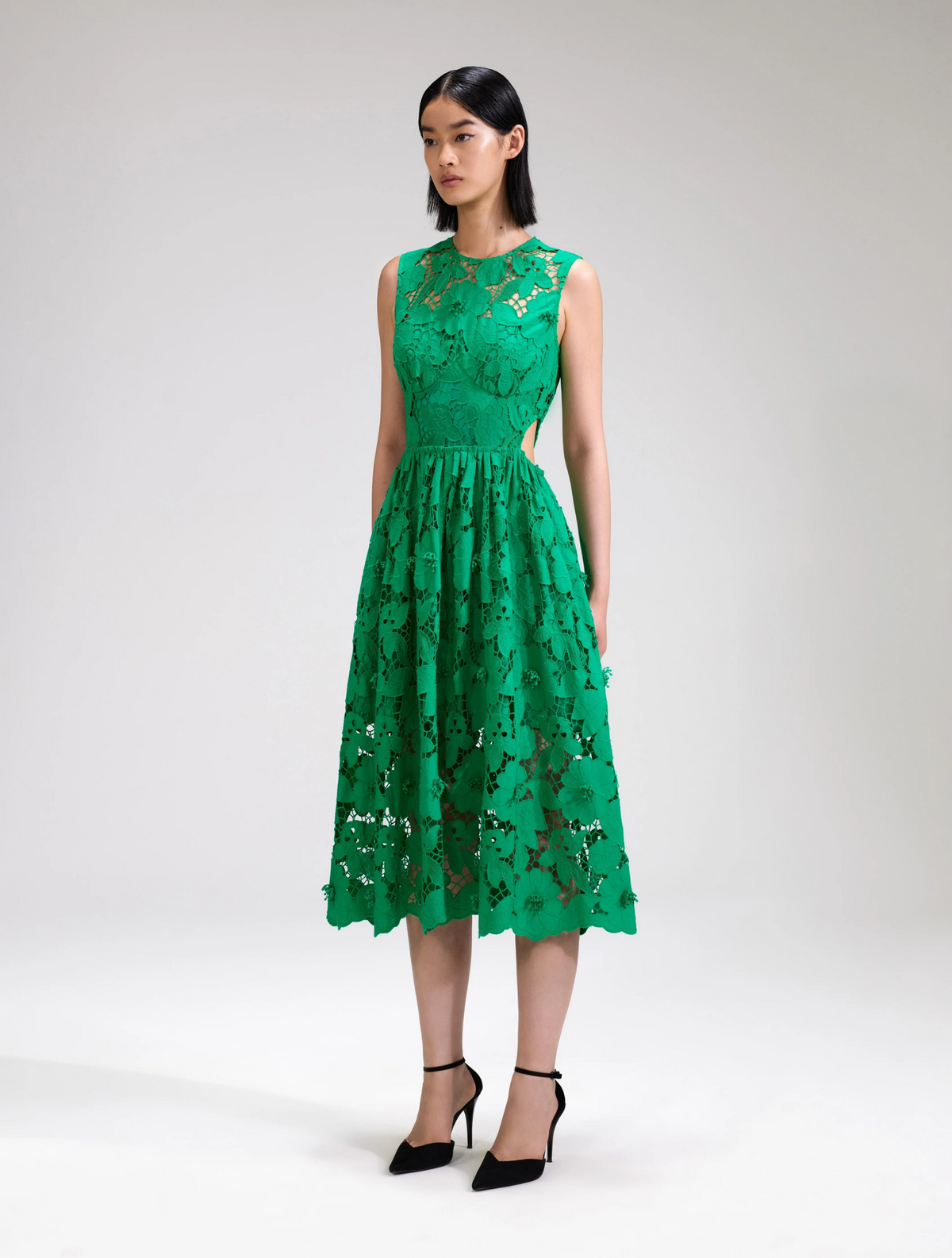 Floral lace green sleeveless midi dress