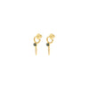 A pair of gold huggie hoop earrings with a small dark green square stone and a dangling gold cone charm embellished with tiny clear stones, shown on a plain white background.