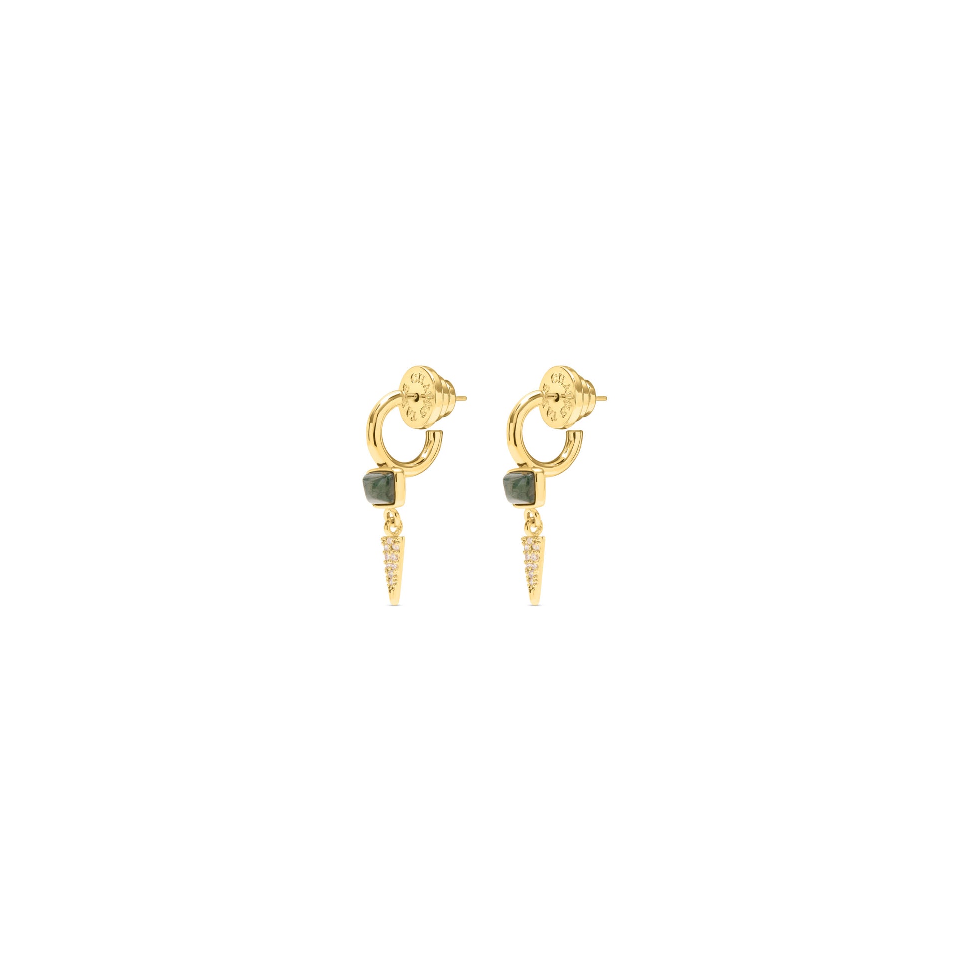 A pair of gold huggie hoop earrings with a small dark green square stone and a dangling gold cone charm embellished with tiny clear stones, shown on a plain white background.