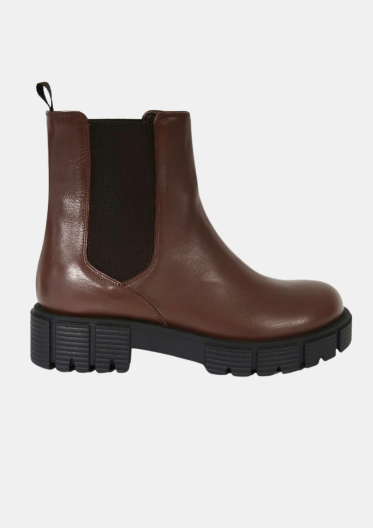 chocolate brown boots with rubber sole and elasticated tabs 