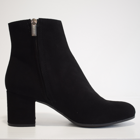 black suede ankle boot with side zip and almond toe