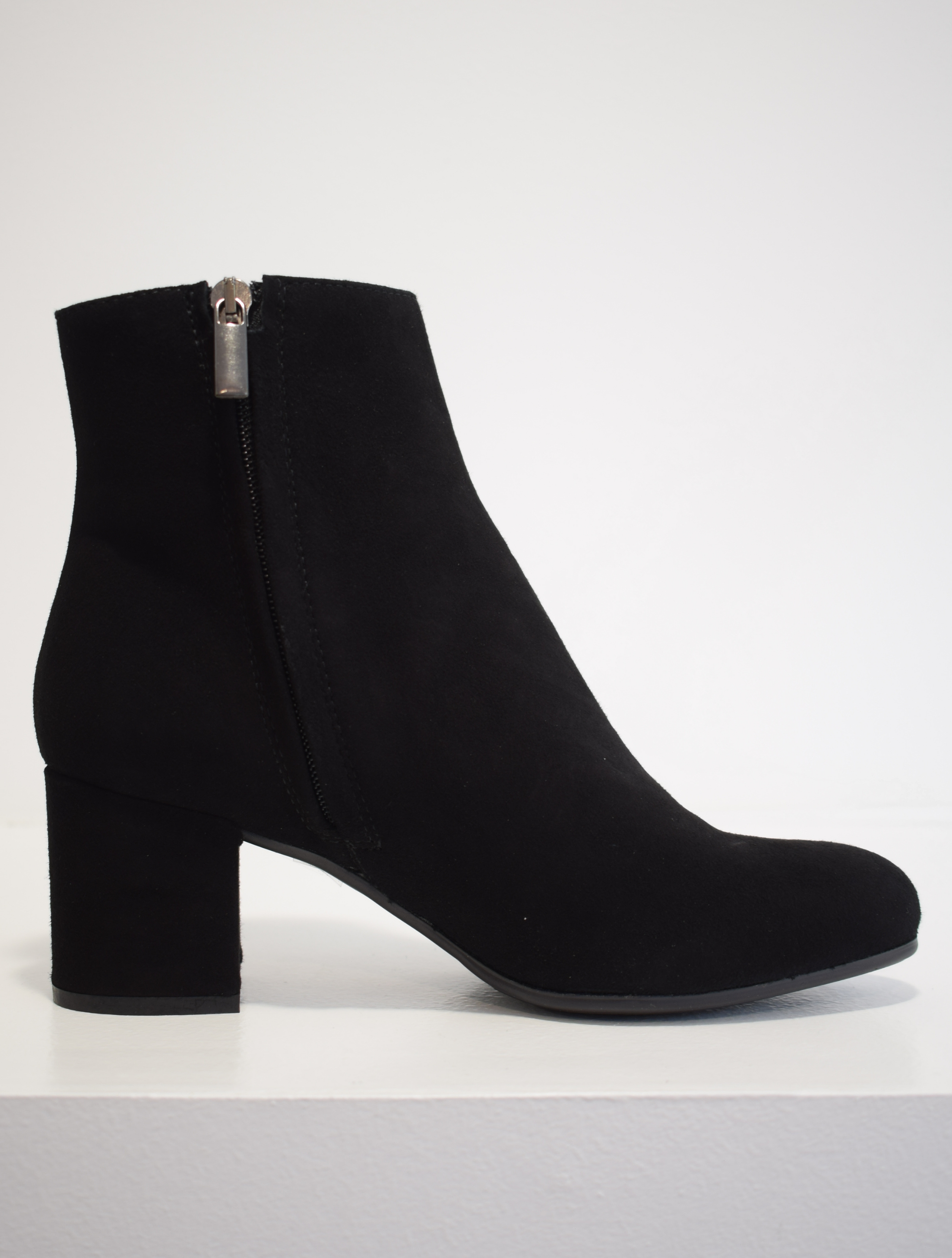black suede ankle boot with side zip and almond toe
