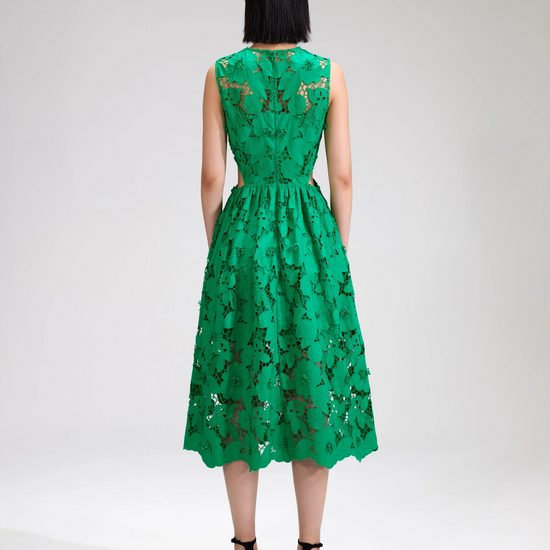 Floral lace green sleeveless midi dress