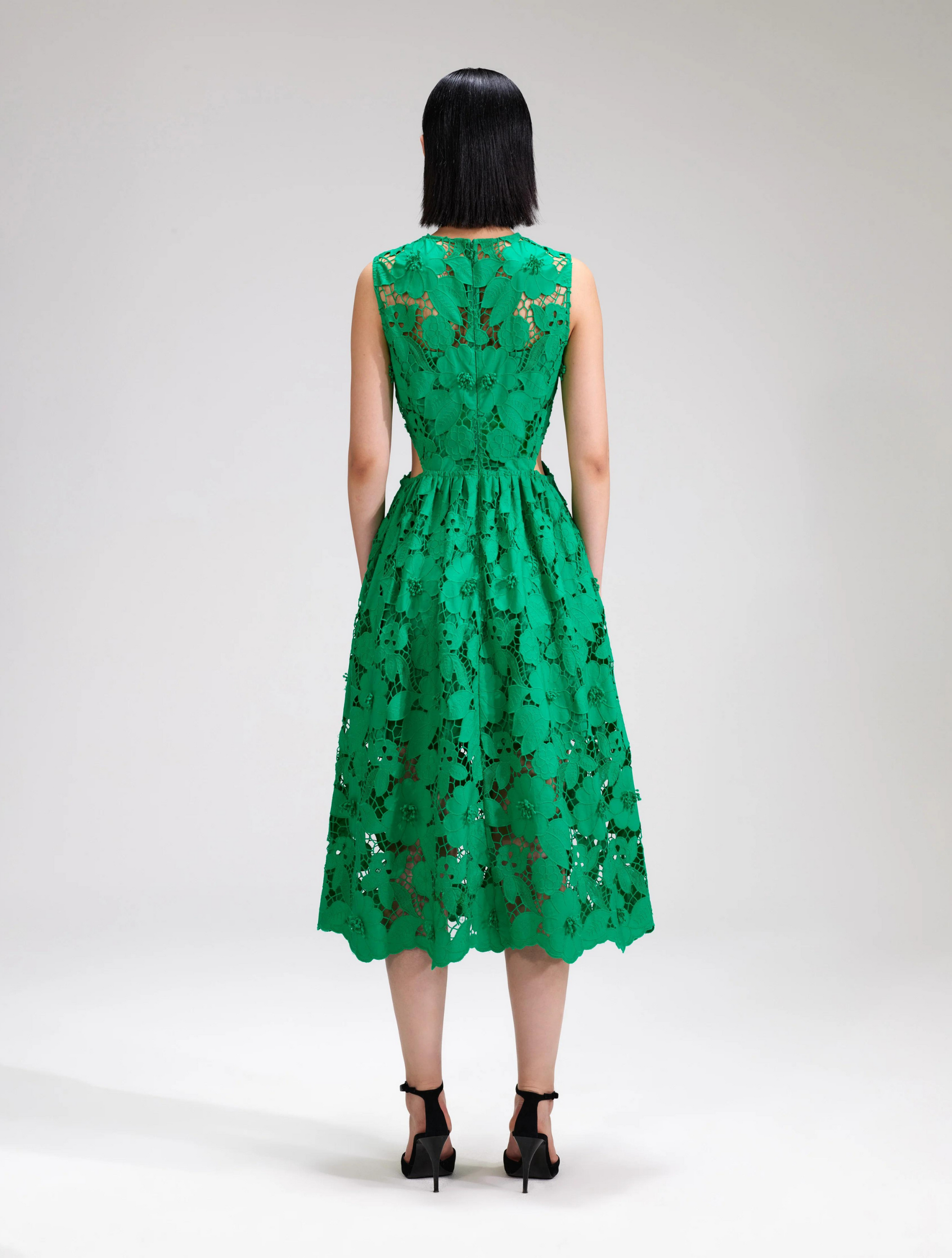 Floral lace green sleeveless midi dress