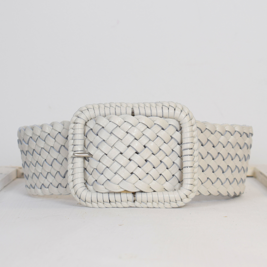 Wide plaited ivory leather belt with oblong leather bound buckle