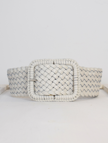 Wide plaited ivory leather belt with oblong leather bound buckle