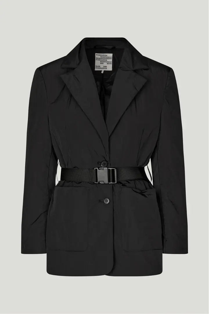 Lightweight padded black coat with fabric belt with clip fastening