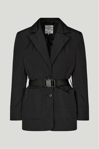 Lightweight padded black coat with fabric belt with clip fastening