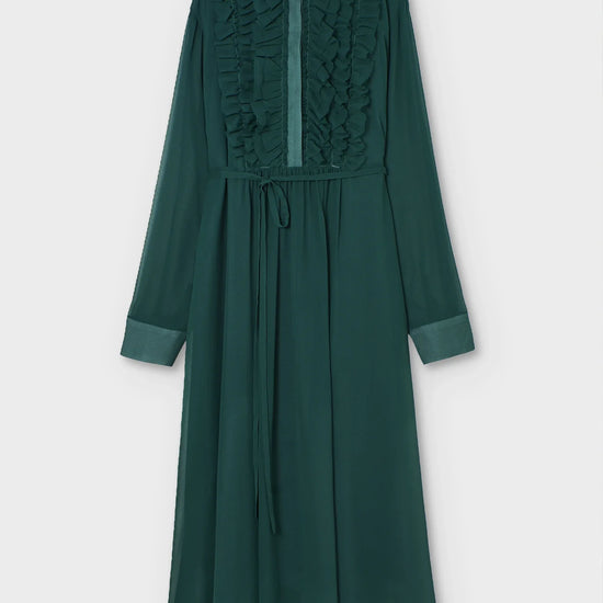 Green dress with ruffled neckline on a white background