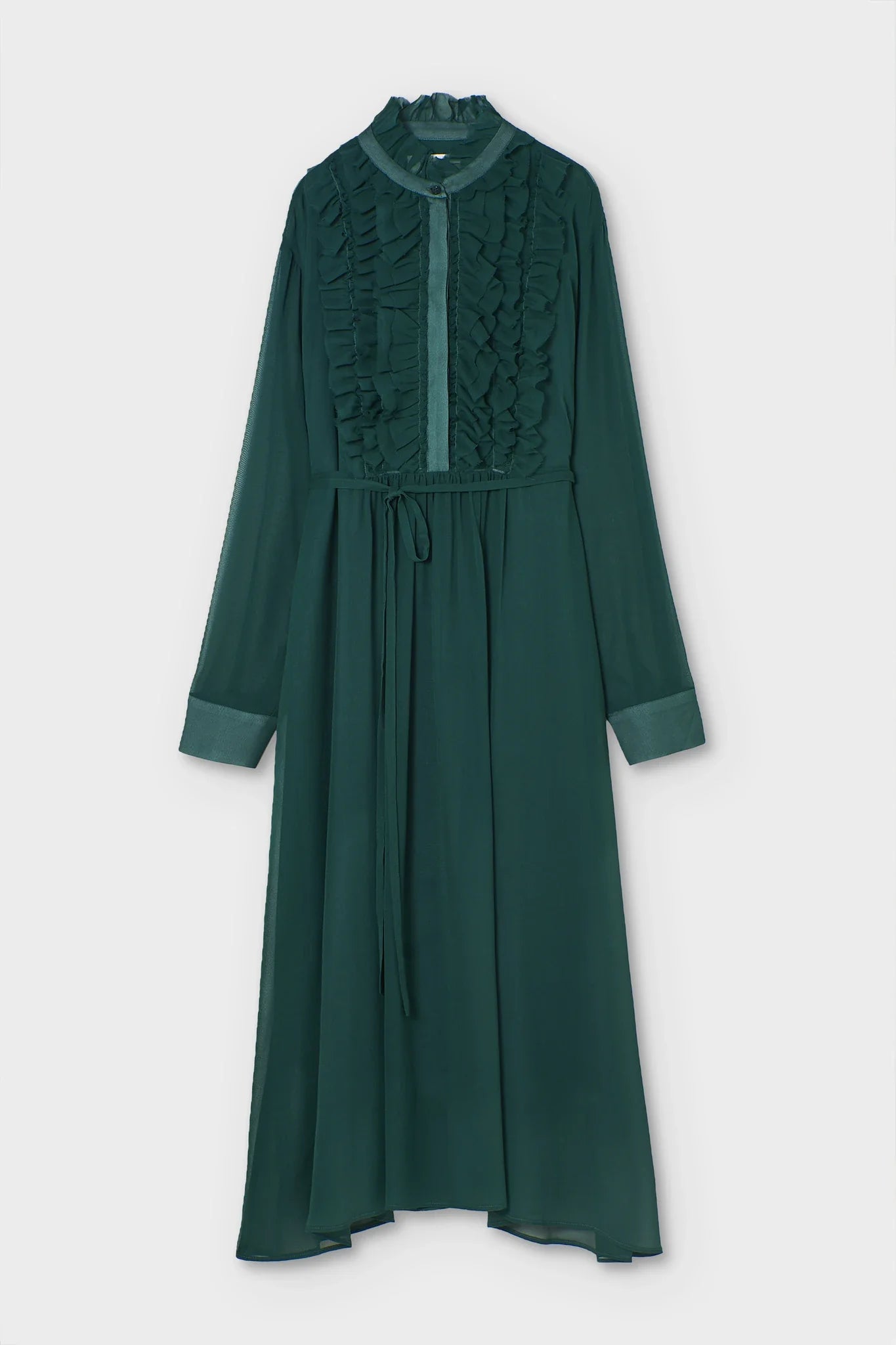 Green dress with ruffled neckline on a white background