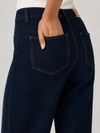 close up of the back pockets on a dark wash pair of jeans 