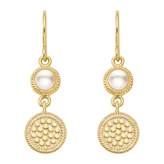 double drop gold earrings with pearl and gold disc with dot work