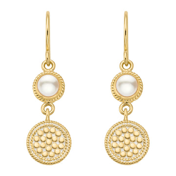 double drop gold earrings with pearl and gold disc with dot work