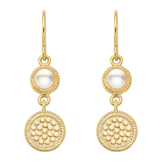 double drop gold earrings with pearl and gold disc with dot work