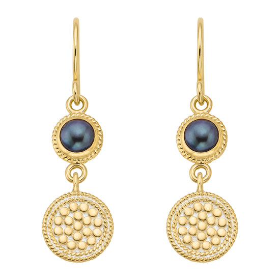 gold double drop earrings with blue pearl and dotted circle disc