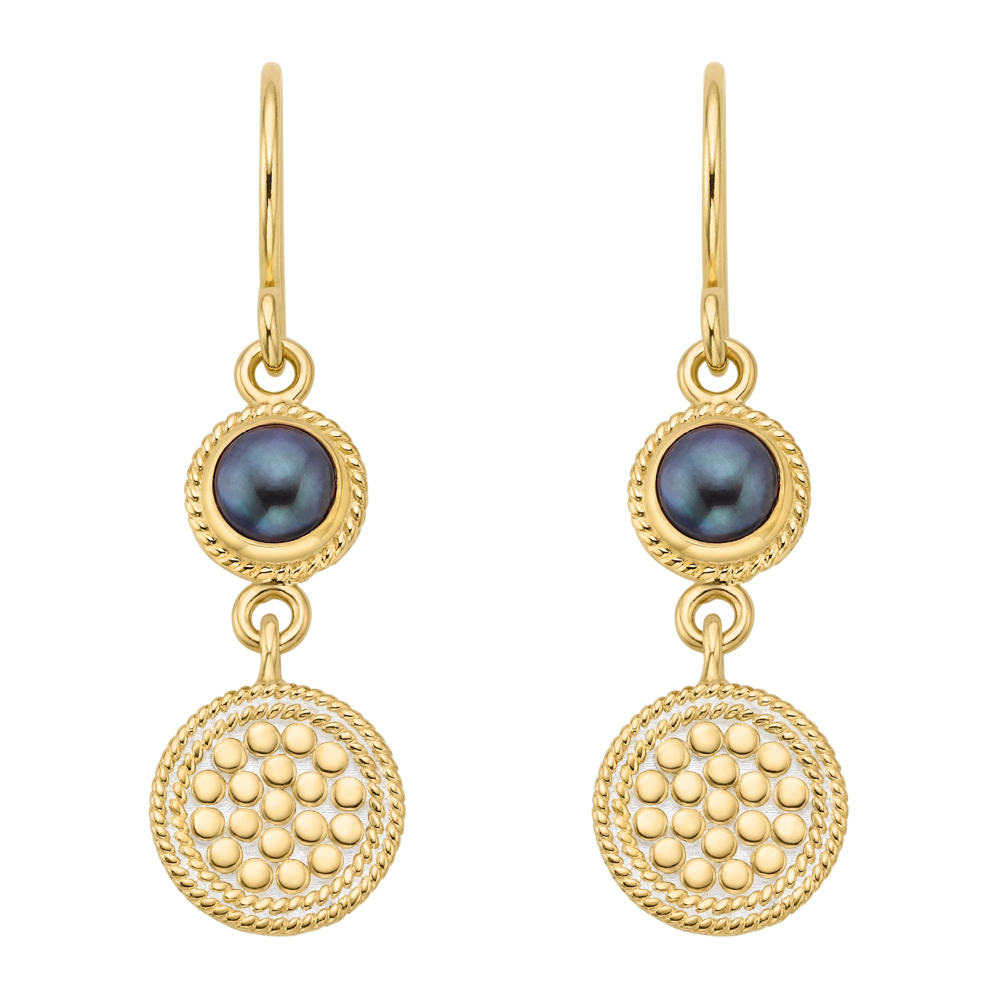 gold double drop earrings with blue pearl and dotted circle disc
