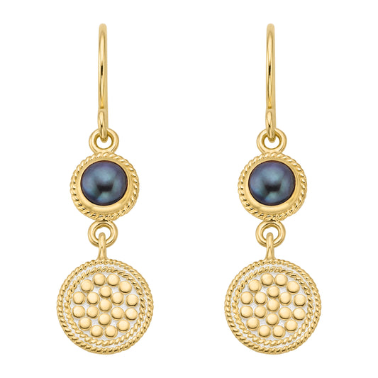 gold double drop earrings with blue pearl and dotted circle disc