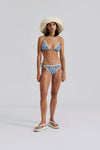 Blue and ivory floral bikini bottoms with crocheted trim and tie sides