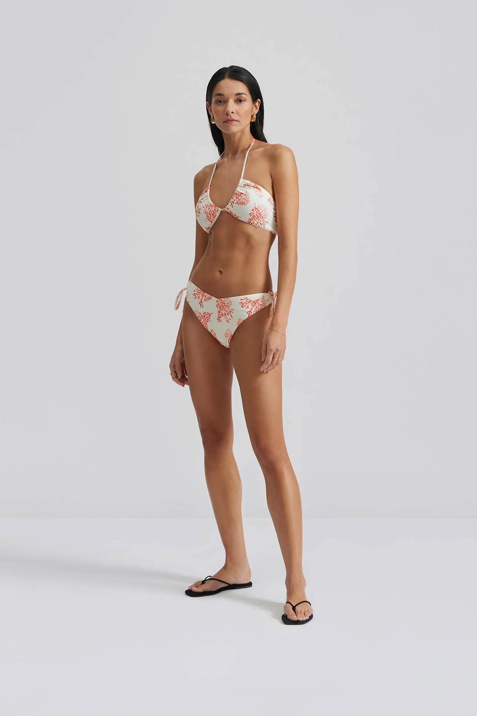 Ecru string bikini top with red/orange coral print