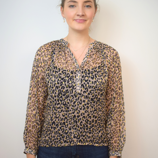 Animal print sheer top with half placket and grandad collar