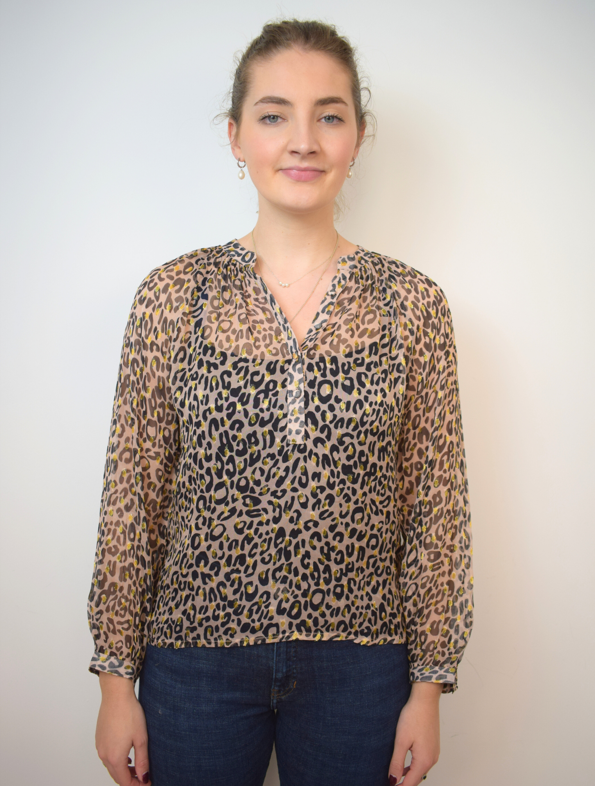 Animal print sheer top with half placket and grandad collar