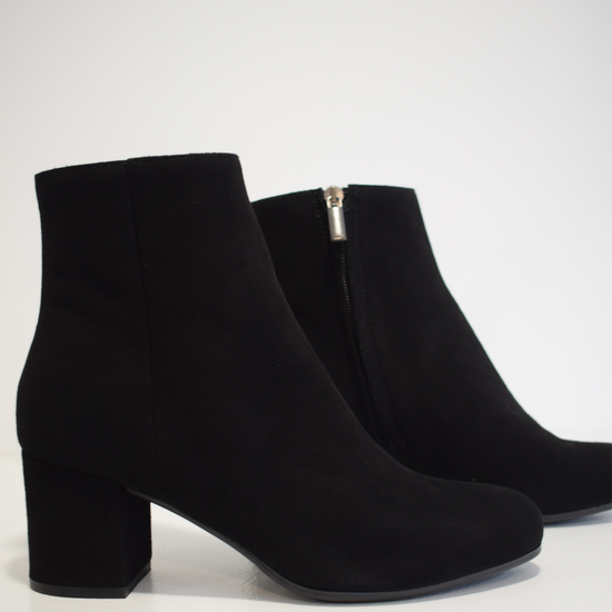 black suede ankle boot with side zip and almond toe