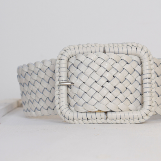 Wide plaited ivory leather belt with oblong leather bound buckle